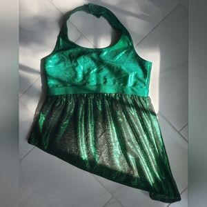 Shimmering Green Halter Top Sports Bra Glitter Mesh Curtain CC Dancewear Cheer